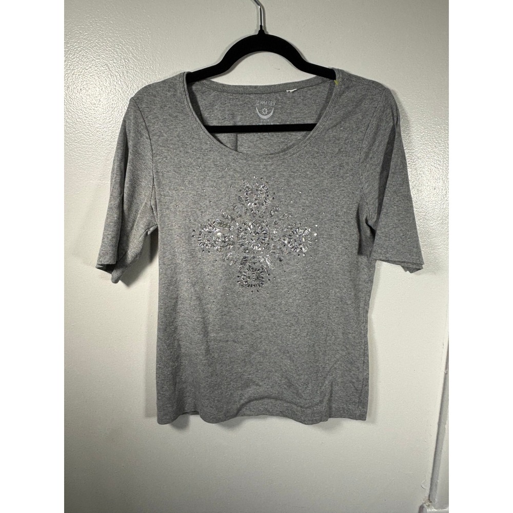 Y2K Zenergy Chico's Top Womens Sz 1 Grey Rhinestone Beaded Ribbed Knit Baby Tee